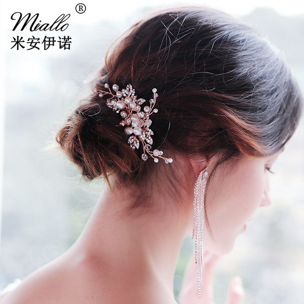 

korean simple wedding dress headdress exquisite handmade pearl crystal alloy hair comb bridal rhinestone hair comb, Golden;silver