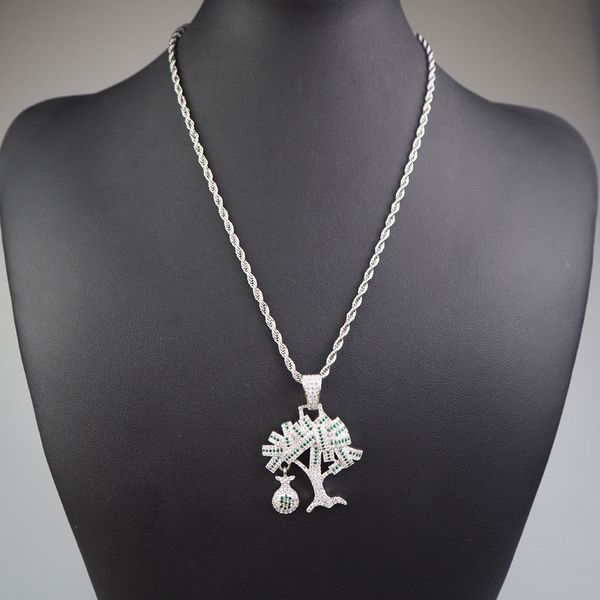 

european and american selling wealth tree life tree men's hip hop pendant necklace copper zircon jewelry rap accessories, Silver