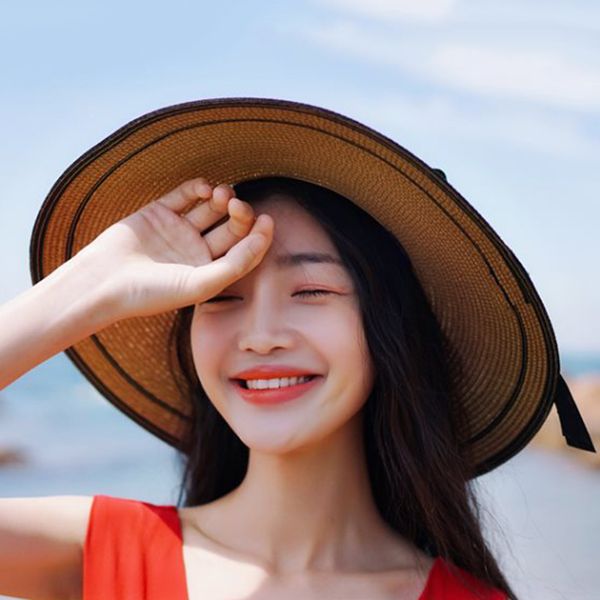 

women straw hat bowknot sun protective foldable casual cap for outdoor tc21, Blue;gray