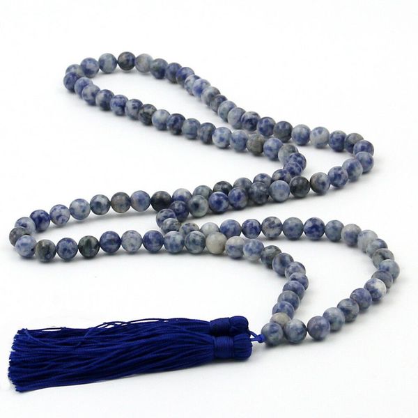 

8mm tibet buddhist 108 natural blue stone prayer beads mala necklace, Silver