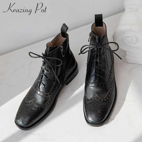 

boots krazing pot british style brogue carved genuine leather square toe low heels winter women lace up fashion ankle l18, Black