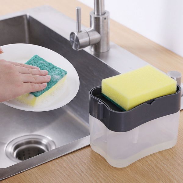 Mão manual Press Soap Bomba Dispenser Plástico com Sponge Holder Bandeja para Prato Lavar Acessórios Acessórios Cozinha Gadget Fornecimento