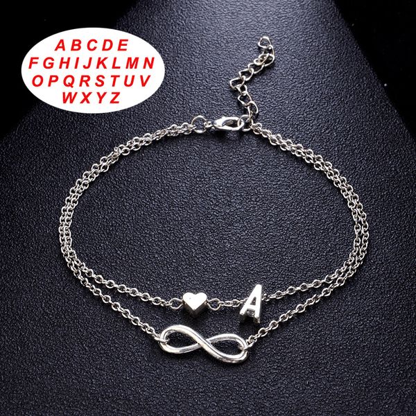 Heißer Verkauf Mode 925 Silber Unendlichkeit Liebe Herz Armbänder 26 Buchstaben Initialen Fußkettchen Armband für Schmuck Großhandel