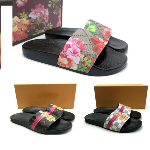 

2019 luxury flower designer sandals heel leather sandals designer print soft leather rubber men women sandals slipper size 36-46 with box, Black