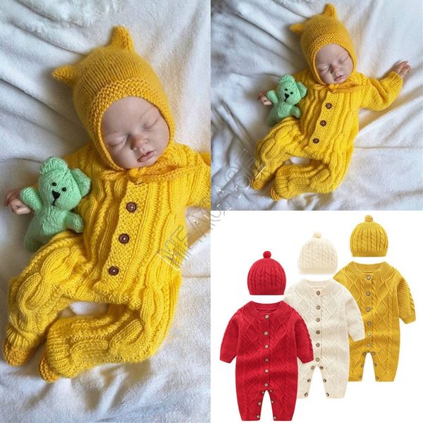 

kids clothes baby romper one-piece long sleeve sweater hat button sweater two pieces set winter children clothing set sale d82407, White