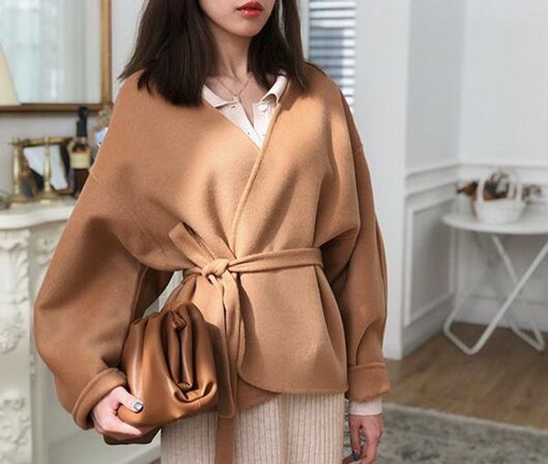 

women coat 2020 spring curved contour tie waist wool cashmere jacket, Black