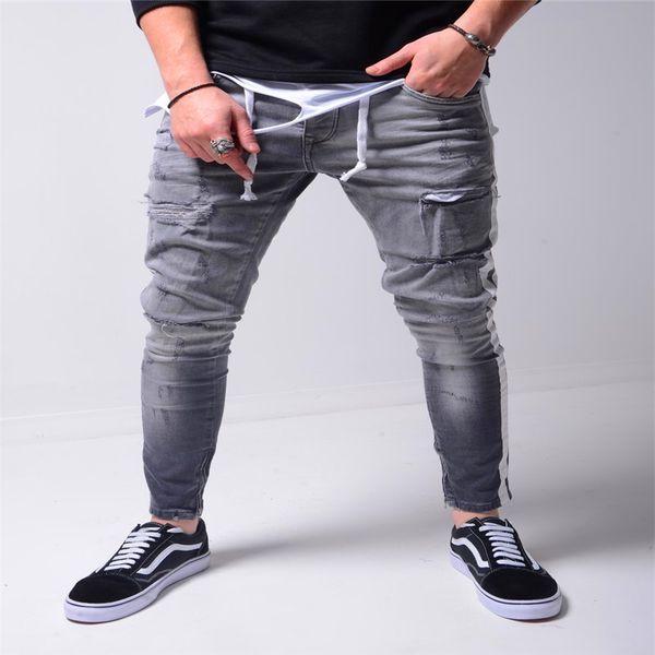 

ripped pencil pants men skinny denim biker side striped jeans destroyed hole hip hop slim fit man scratched jean hombre pantalon waistline 4, Blue