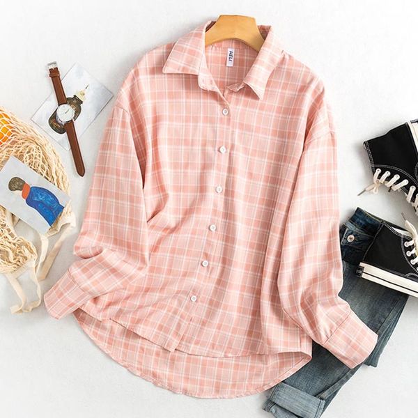 

office blouse women 2020 vintage plaid shirt korean style long sleeve turn down collar cotton fashion casual oversized loose, White