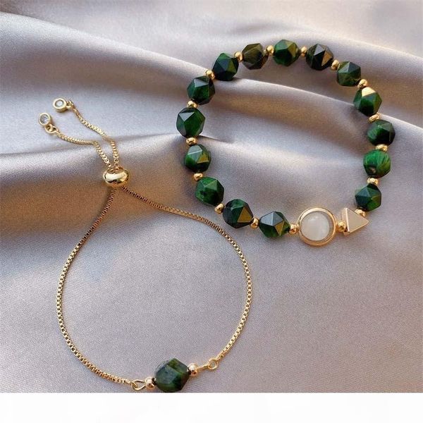 

forseven adjustable gem stone bracelet set for women girls wristband birthday jewellry gifts beaded chains bangle anklets, Golden;silver