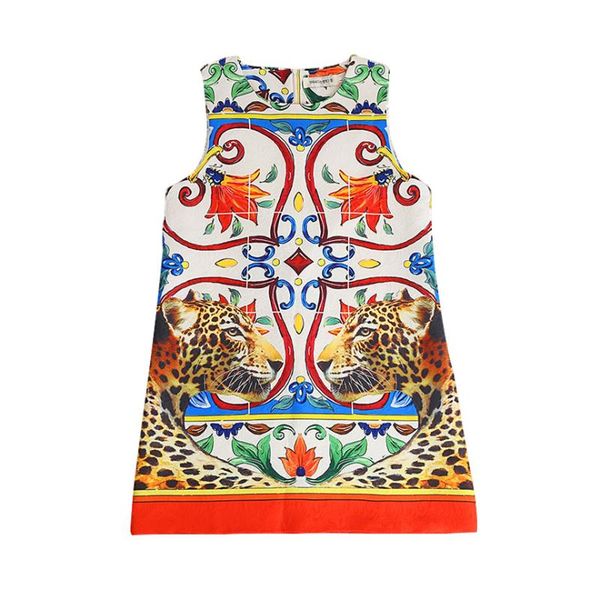 

summer quality girls sleeveless dress baby dress kids brand vestidos children clothes cartoon tiger totem print 2 to 10 yrs, Red;yellow