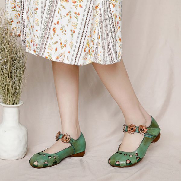 

tayunxing genuine leather handmade shoes hollow flower hook loop sandals summer comfort female soft low heel closed toe 022-069, Black