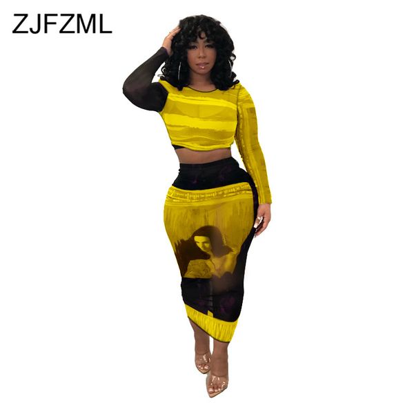 

character print two piece skirt set women clothes o-neck long sleeve crop + bandage long skirts plus size club outfits, White