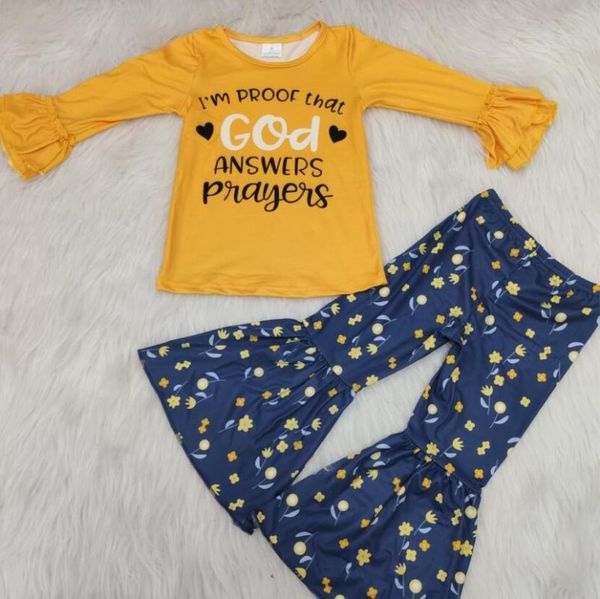 

wholesale/retail letter outfits baby girls yellow and flower flare pants 2 pcs set kids hipster children's clothing suits, White