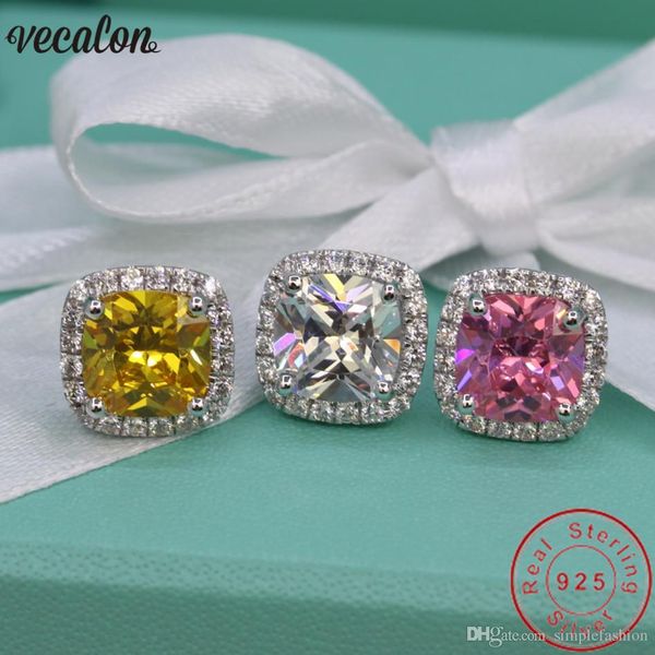 

vecalon elegant earring cushion cut 2ct 5a zircon 925 sterling silver engagement wedding stud earrings for women party jewelry, Golden;silver