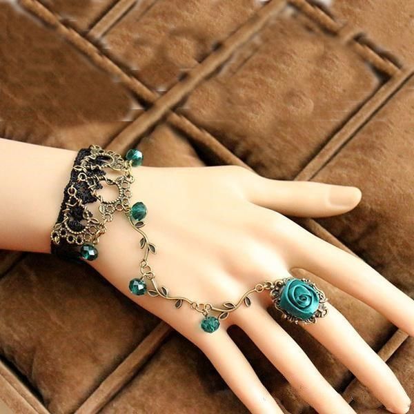 

bracelet gloves bridal charm statement jewelry marriage wristband finger flower ring lace women with bronze vintage bde2011 uxbpm, Golden;silver