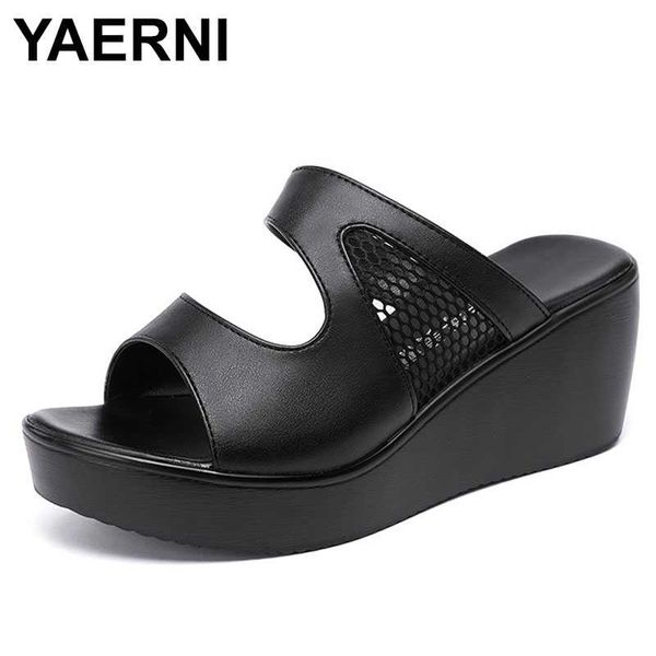 

yaerni women summer shoes 2020 white black fashion split mesh leather shoes wedge platform plus size beach slippers ladies