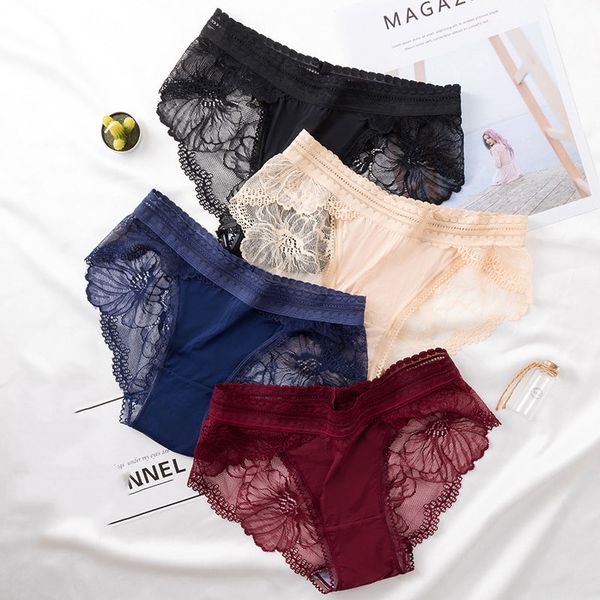 

wasteheart women fashion wine red blue skin cotton bottom lace panties hollow underwear lingerie women briefs  l xl underpants, Black;pink