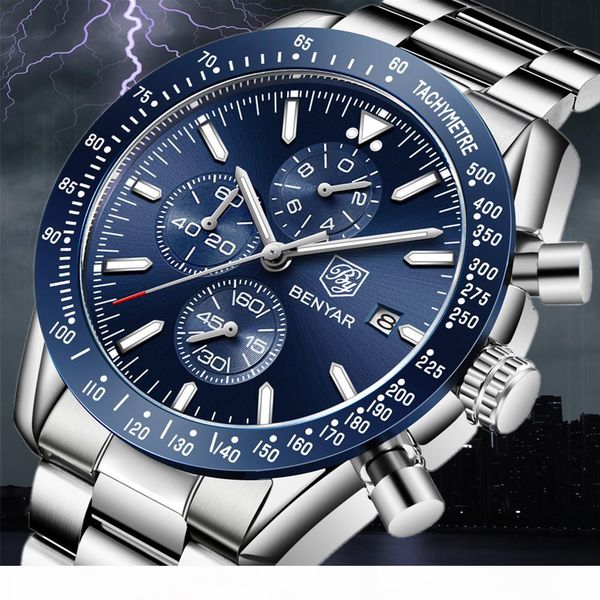 

2019 men watch benyar steel full business watch quartz casual waterproof sport watches clock relogio masculino, Slivery;brown