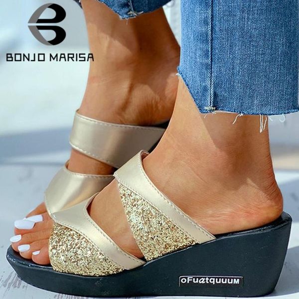 

bonjomarisa ladies elegant patchwork glitters comfy med wedges slippers women slip-on summer beach shoes woman, Black
