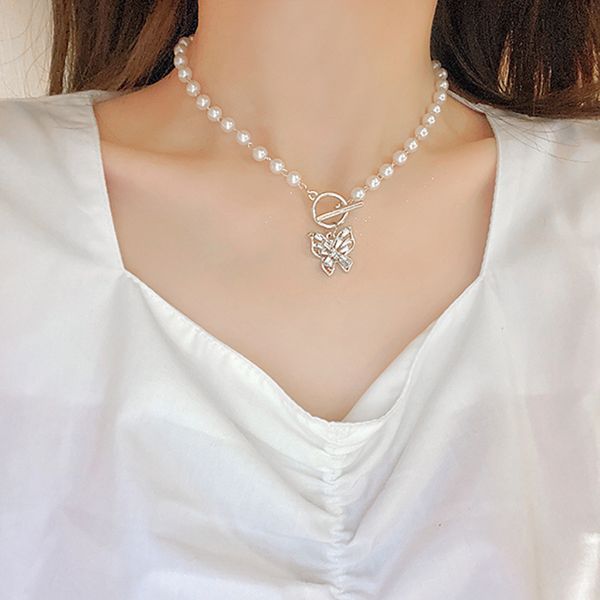 

1pc pearl butterfly necklace women's elegant clavicle chain new style simple necklace gift, Silver