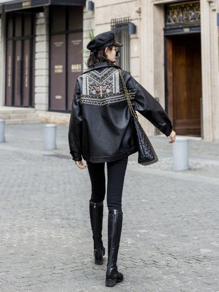 

spring and autumn fashion leather jacket female 2020 new motorcycle suit loose embroidery rivet heavy industry pu leather jacket, Black