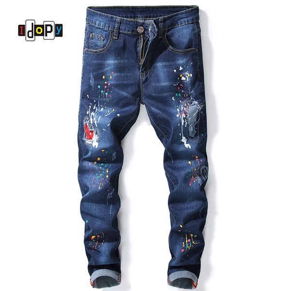 

idopy fashion mens dot painted jeans with holes straight fit ripped jeans pants streetwear vintage trousers for men, Blue