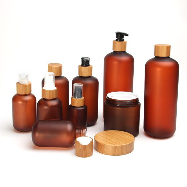 

60ml 120ml 150ml 250ml 200ml empty plastic brown pet bottle packaging with screw wooden sprayer pump cap