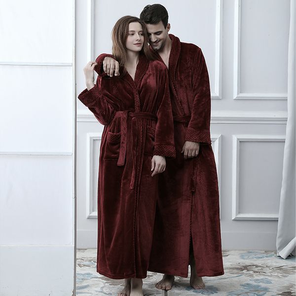 

women men extra long plus size warm coral fleece bathrobe winter thermal flannel dobby kimono bath robe bridesmaid dressing gown, Black;red