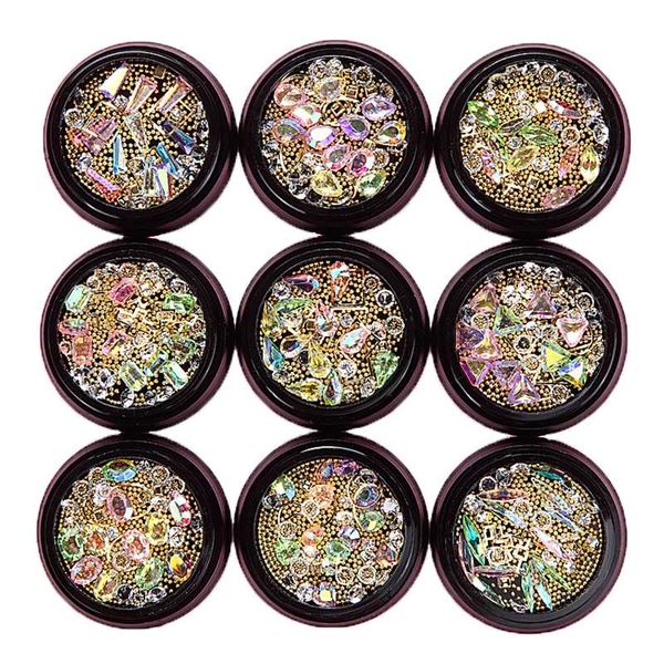 

1 box mixed 3d colorful rhinestones nail art decorations gems jewelry ab shiny metal frame steel ball charm glass accessories, Silver;gold
