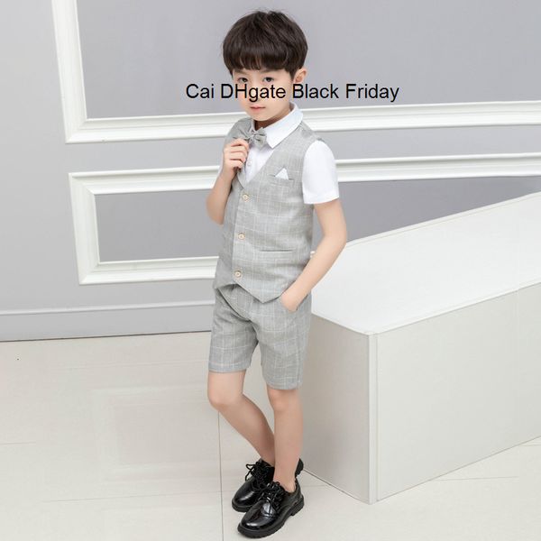 

fashion boys vest + pants with bow tie clothing set summer gentleman children wedding party wear plaid formal suits kids clothes