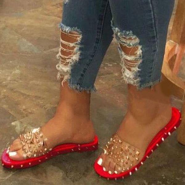 

women rivet pvc slippers transparent ladies flat slides women's outdoor beach shoes woman party new fashion 2020 summer, Black