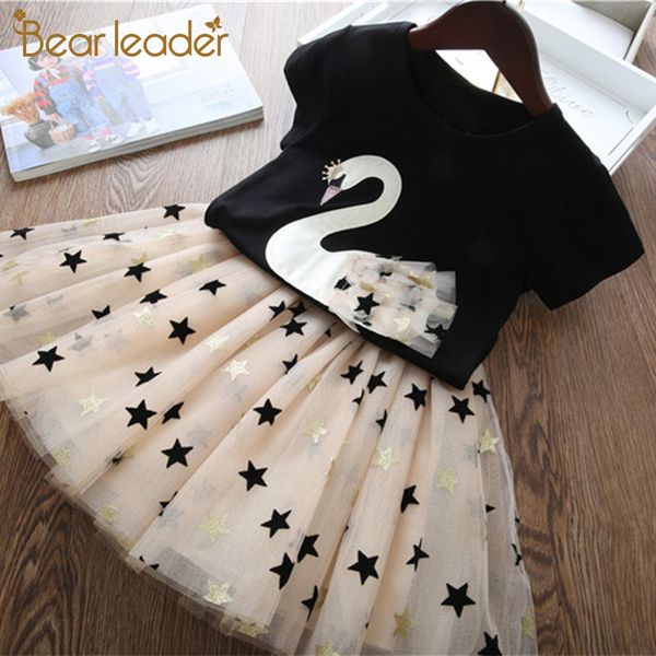 

bear leader girls dress new summer girls princess dress swan cartoon party t-shirt and 2 pcs outfits kids clothing, Red;yellow