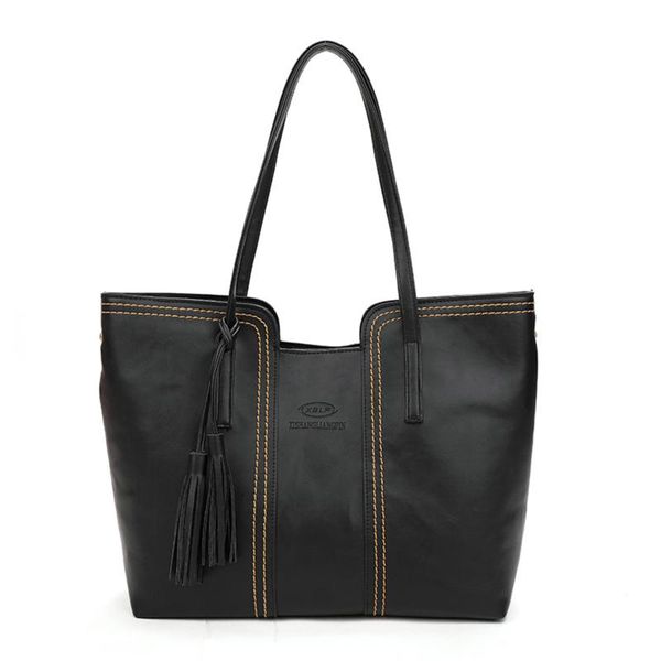 

women large capacity tassel tote bag fashioable solid color pu leather detachable strap zipper shoulder bag black/gray/brown