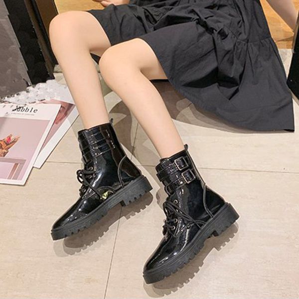 

japanned leather&matte platform botas mujer double buckle strap cross band bottes fashion solid color motorcycle boots women2020, Black