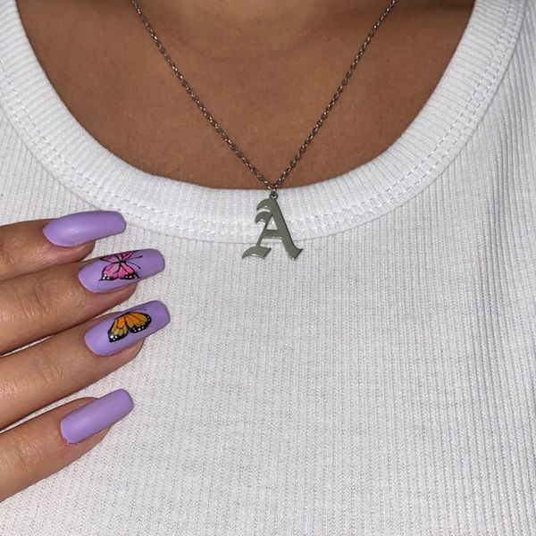 

gothic old english initial capital a-z pendant necklace gold stainless steel necklaces for women choker vintage jewelry, Silver