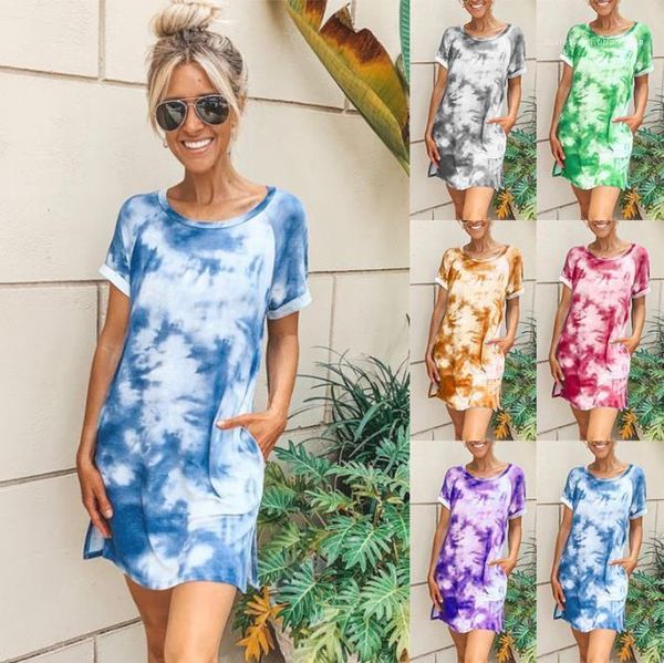 

dye printing crew neck dress female clothing womens 2020 luxury designer summer dresses short sleeve tie, Black;gray