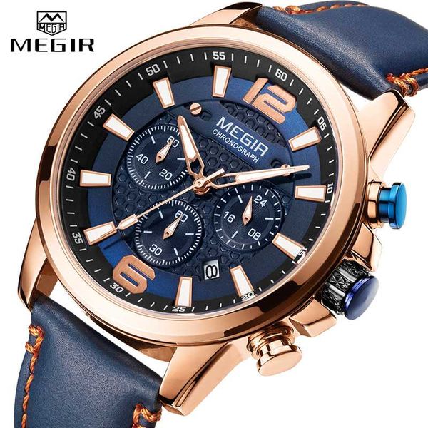 

megir luxury men's watch brand sport quartz men watches chronograph waterproof man leather date wristwatch relogio masculino, Slivery;brown