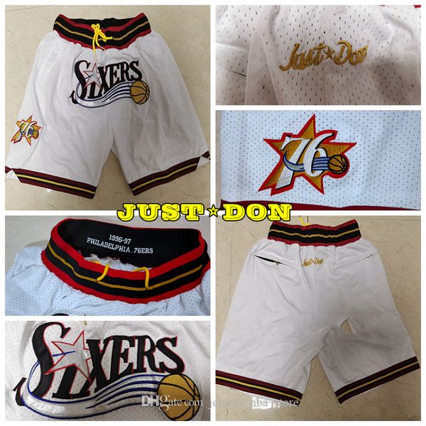 

mens just don pocket basketball shorts retro stitched 1996-97 white pocket philadelphia 76ers shorts lining mesh sports sweatpants 0, Black;red