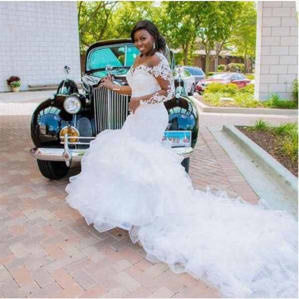 

sheer cascading ruffles cathedral train mermaid wedding dresses long sleeves 2020 lace beaded applique plus size african wedding gown, White