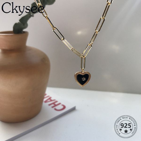 

ckysee 925 sterling silver necklace black agate heart pendant necklace for fashion women simple fine charms silver 925 jewelry