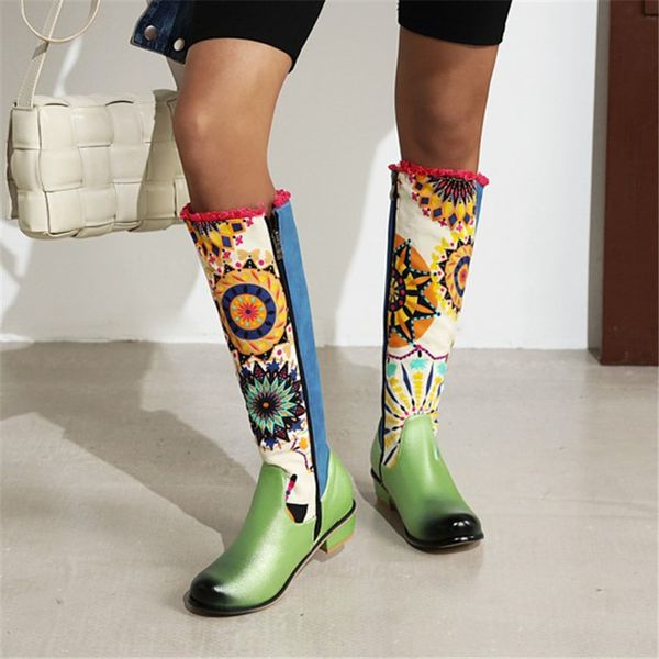 

pxelena bohemia ethnic knee high riding boots women low heel autumn shoes 2020 floral print graffiti long boots large size 34-45, Black