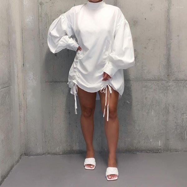 

shirt dresses spring summer long sleeve stacked bandage stand neck loose casual clothing bubble sleeves womens, Black;gray