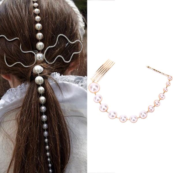 

fashion pearls tassel hair clips long gold chain hair comb hairpins party accessories jewelry for women 1pc, Golden;silver