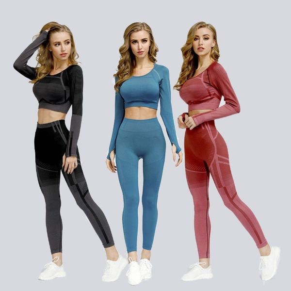 

yoga outfits seamless women set long sleeve high waist sport leggings gym clothes suit fitness sets for, White;red