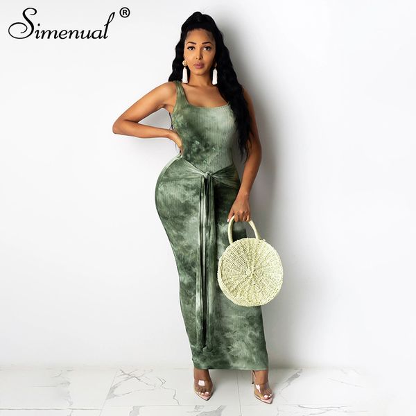 

simenual tie dye bandage ribbed long dresses fitted women sleeveless fashion knitted 2020 summer clubwear skinny party dress, Black;gray