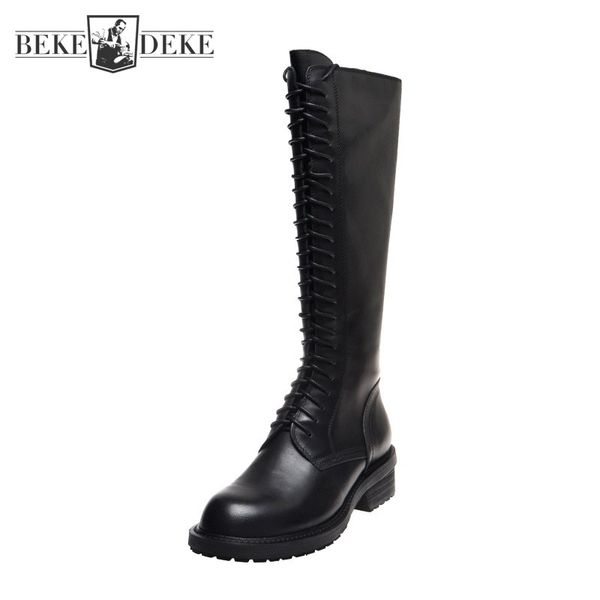 

spring winter genuine leather shoes lacing knee high boots women fashion black square heel female winter cowhide knight boots