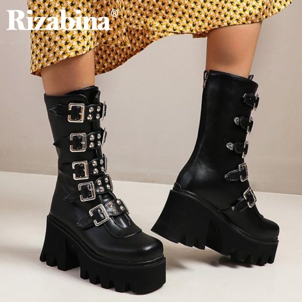 

rizabina size 35-44 women boots fashion buckle rivets high heel winter shoes woman platform warm short boot lady footwear, Black