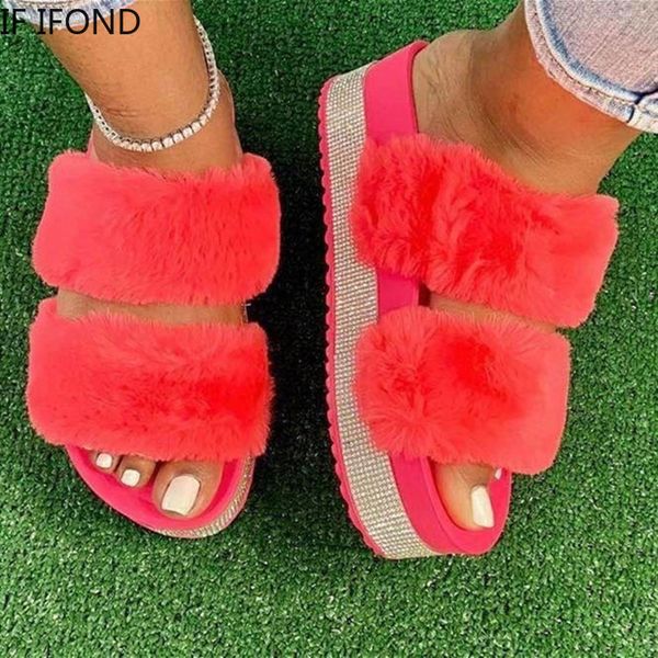 

2020 new women's s summer fur slides rhinestones slippers sandals outdoor flat platform fluffy casual shoes big size 43, Black
