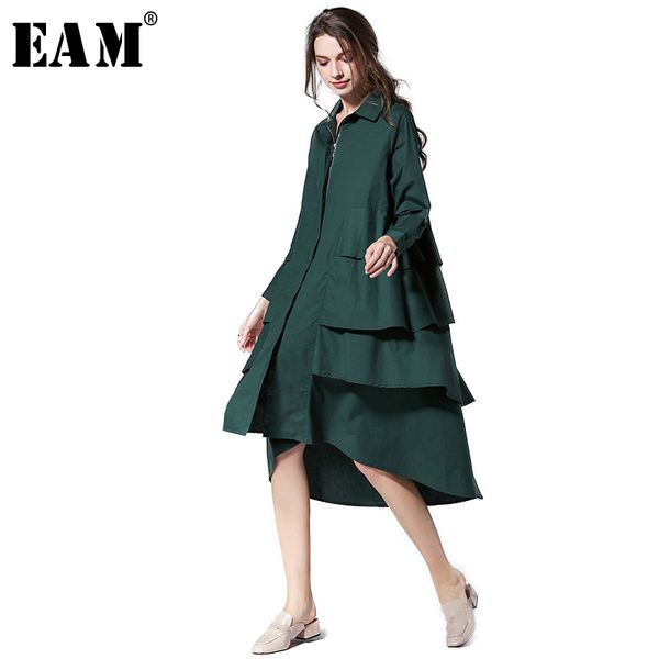 

[eam] 2020 new spring lapel long sleeve black layers irregular hem ruffles split joint loose big size dress women tide s01101xl y200805, Black;pink