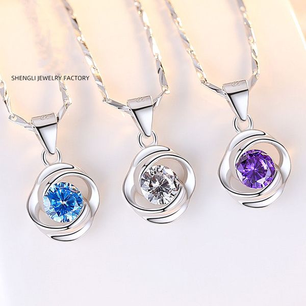 

s999 sterling silver rose flower rotating love pendant necklace korea simple wild fashion to send girlfriend clavicle chain jewelry wholesal